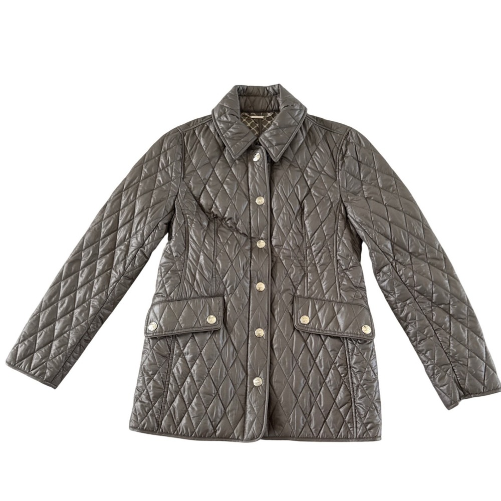 Chico's Quilted Barn Jacket Size 00 2 Brown Green Diamond Stitch Button Up